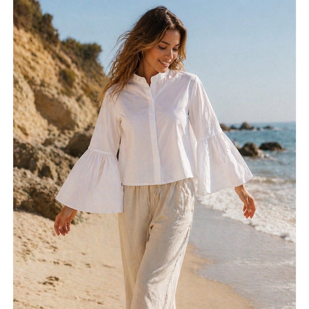 OOCZEE White 100% Cotton Bell Sleeve Blouse M Ruffle Sleeve Cottagecore Top BOHO